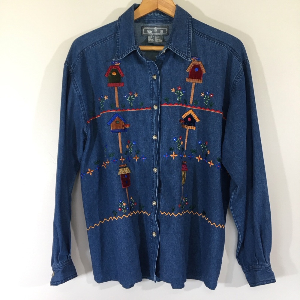 Way To Go‎ Embroidered Patchwork Birdhouse Chambray Shirt